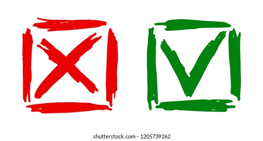 Tick cross vector check marks icons. Done checklist symbols scribble design. Abstract yes and no checkmarks. Confirm and ignore concept graphics. Correct right and false wrong survey chioces.