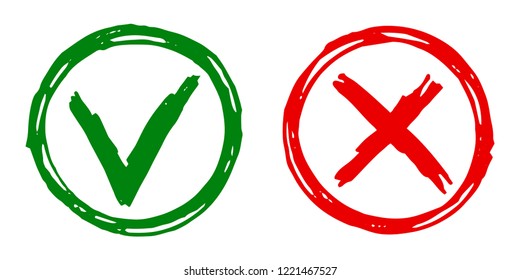 Tick cross vector check marks icons. Done checklist symbols scribble design. Abstract yes and no checkmarks. Poll quiz question labels, vote stickers. Positive and negative exam form answers.