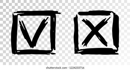 Tick cross vector check marks icons. Done checklist symbols scribble design. Abstract yes and no checkmarks. Confirm and ignore concept graphics. Approve and cancel decision signs.