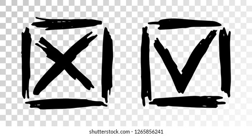 Tick cross vector check marks icons. Done checklist symbols scribble design. Abstract yes and no checkmarks. Confirm and ignore concept graphics. Correct right and false wrong test answers.