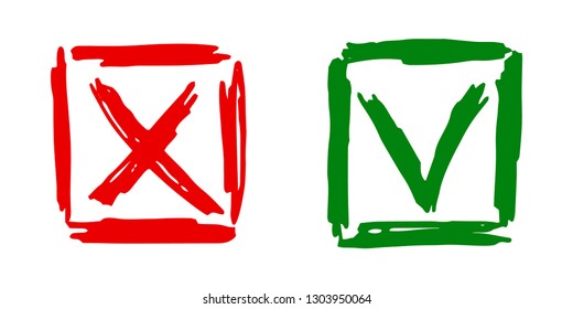 Tick cross vector check marks icons. Done checklist symbols scribble design. Abstract yes and no checkmarks. Poll quiz question labels, vote stickers. True and false exam form answers.