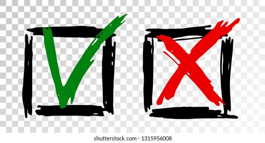 Tick cross vector check marks icons. Done checklist symbols scribble design. Abstract yes and no checkmarks. Poll quiz question labels, vote stickers. Correct right and false wrong test answers.