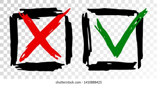 Tick cross vector check marks icons. Done checklist symbols scribble design. Abstract yes and no checkmarks. Web app ui interface click buttons. Approve and cancel decision signs.