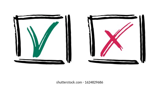 Tick cross vector check marks icons. Done checklist symbols scribble design. Abstract yes and no v x checkmarks. Confirm and ignore concept graphics. Approve and cancel decision signs.