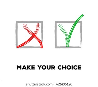 Tick and Cross Vector Collection Square Frames.  Grunge Graffiti Check, Quizz, Voting Symbol Design. Right and Wrong, Good and Bad Query Choice Buttons. Yes and No Tick and Cross Symbolic Marks.