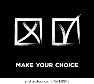 Tick and Cross Vector Collection Square Frames.  Grunge Graffiti Check, Quizz, Voting Symbol Design. Ink Brush Rejection and Approval, Query Choice Icons. Tick and Cross as Yes and No Symbolic Marks.