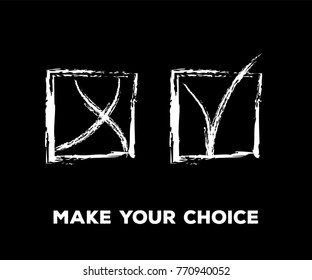 Tick and Cross Vector Collection Square Frames.  Grunge Graffiti Check, Quizz, Voting Symbol Design. Right and Wrong, Good and Bad Query Choice Buttons. Yes and No Tick and Cross Symbolic Marks.
