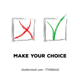 Tick and Cross Vector Collection Square Frames.  Grunge Graffiti Check, Quizz, Voting Symbol Design. Ink Brush Rejection and Approval, Query Choice Icons. Yes and No Tick and Cross Symbolic Marks.