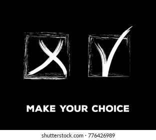 Tick and Cross Vector Collection Square Frames.  Hand Painted Election, Quizz, Voting, Test Symbols. Ink Rejection and Acceptance, Query Choice Icons. Tick and Cross as Yes and No Symbolic Marks.