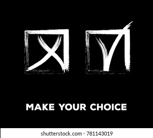 Tick and Cross Vector Collection Square Frames.  Hand Painted Check, Quizz, Voting Symbol Design. Ink Brush Rejection and Approval, Query Choice Icons. Yes and No Tick and Cross Symbolic Marks.