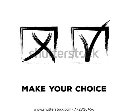 Tick and Cross Vector Collection Square Frames.  Hand Painted Check, Quizz, Voting Symbol Design. Ink Brush Rejection and Approval, Query Choice Icons. Tick and Cross as Yes and No Symbolic Marks.