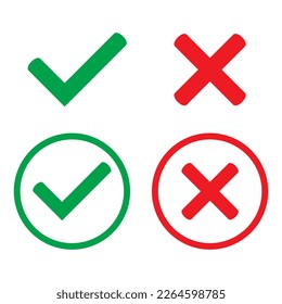 Tick and cross vector icons. Green tick and red cross checkmarks in circle flat icons. Yes or no line symbol, approved or rejected icon for user interface.