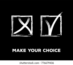 Tick and Cross Vector Set in Square Frames.  Hand Painted Election, Quizz, Voting, Test Symbols. Ink Brush Rejection and Approval, Query Choice Icons. Tick and Cross as Yes and No Symbolic Marks.
