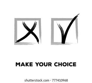 Tick and Cross Vector Set in Square Frames.  Hand Painted Check, Quizz, Voting Symbol Design. Ink Brush Rejection and Approval, Query Choice Icons. Tick and Cross as Yes and No Symbolic Marks.