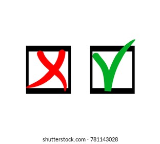 Tick and Cross Vector Set in Square Frames.  Hand Painted Election, Quizz, Voting, Test Symbols. Ink Right and Wrong, Good and Bad Query Choice Icons. Tick and Cross as Yes and No Symbolic Marks.