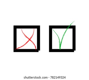 Tick and Cross Vector Set in Square Frames.  Hand Painted Election, Quizz, Voting, Test Symbols. Right and Wrong, Good and Bad Query Choice Buttons. Tick and Cross as Yes and No Symbolic Marks.