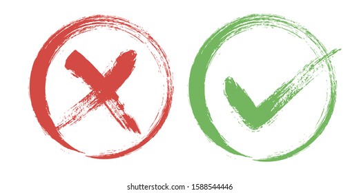 Tick and cross vector sign elements, check marks for vote, election choice. Red X and green OK symbol icons check boxes, choice options, survey signs.