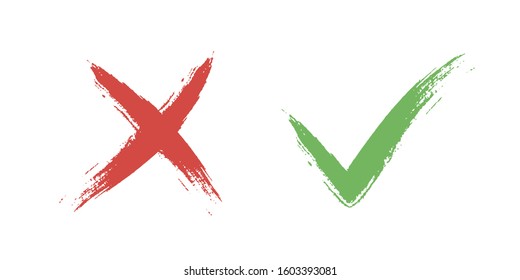 Tick and cross vector sign elements, check marks for vote, election choice. Red X and green OK symbol icons check boxes, choice options, survey signs.