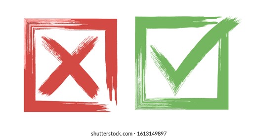 Tick and cross vector sign elements, check marks for vote, election choice. Red X and green OK symbol icons check boxes, choice options, survey signs.