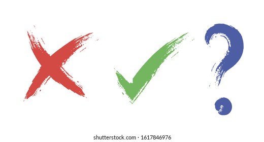 Tick and cross vector sign elements, check marks for vote, election choice. Red X and green OK symbol icons check boxes, choice options, survey signs.