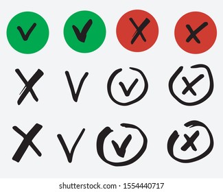 Tick and cross vector signs. Doodle, hand drawn, isolated
