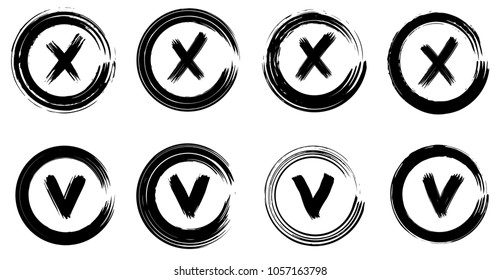 Tick and cross vector signs. Dry brush strokes, isolated