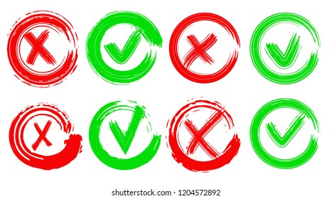 Tick and cross vector signs. Dry brush paint strokes, vector, isolated