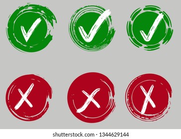 Tick and cross vector signs. Dry brush strokes