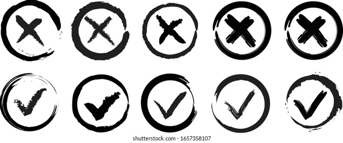 Tick and cross vector signs. Dry brush strokes.