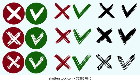 Tick and cross vector signs. Dry brush strokes.