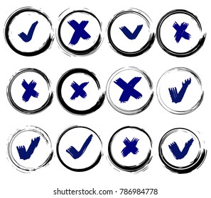 Tick and cross vector signs. Dry brush strokes.