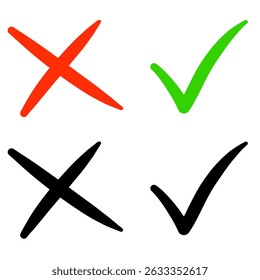 Tick and cross vector signs. False and true, right and wrong icons. Correct and incorrect, accept and reject vector symbols. Green tick OK and red X cross.