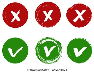 Tick and Cross vector signs, hand drawn, dry brush strokes