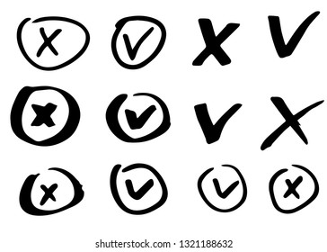 Tick and cross vector signs. Hand drawn, isolated