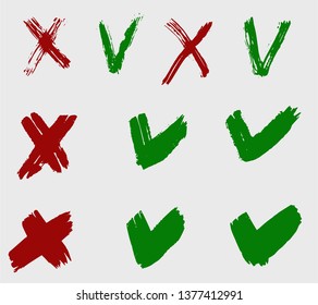 Tick and cross vector signs. Hand drawn, isolated. Dry brush paint strokes