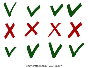 Tick and cross vector signs. Hand drawn, isolated.