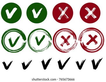 Tick and cross vector signs. Hand drawn, isolated. Dry brush strokes.