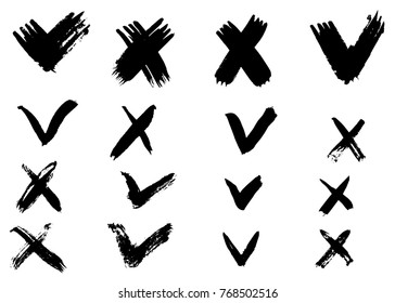 Tick and cross vector signs. Hand drawn, isolated. Dry brush strokes.