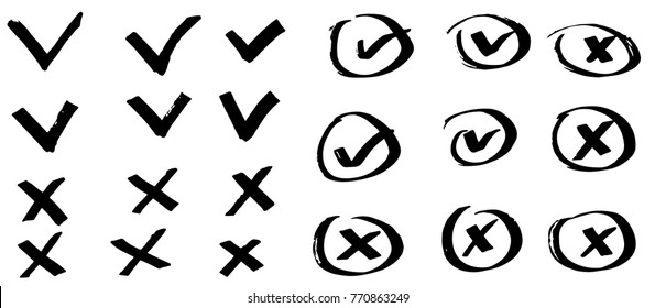 Tick and cross vector signs. Hand drawn, brush strokes, isolated.