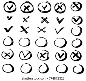 Tick and cross vector signs. Hand drawn, isolated.