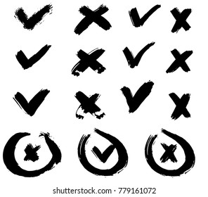 Tick and cross vector signs. Hand drawn, isolated. Dry brush strokes.