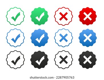Tick and cross web element. Test buttons. Cross check mark icons, flat round buttons set. Green check mark, red cross, black checkmark and cross. Yes or no. For social networks. Vector illustration