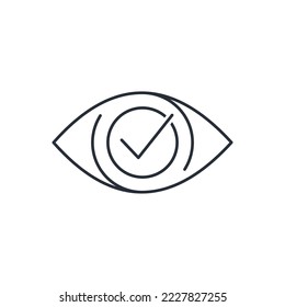 A tick in the eyes. Visible confirmation. See with your own eyes. Vector linear icon isolated on white background.