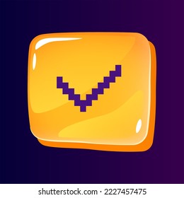 Tick glossy ui button with pixelated color icon. Complete task mark. Voting online function. Editable 8bit graphic element on shiny glass rectangle shape. Isolated image for arcade, video game design