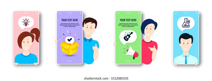 Tick, Guitar And Idea Icons Simple Set. People On Phone Screen. Chemistry Lab Sign. Confirm Check, Acoustic Instrument, Light Bulb. Laboratory Flask. Education Set. Vector
