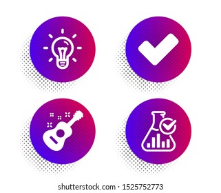Tick, Guitar And Idea Icons Simple Set. Halftone Dots Button. Chemistry Lab Sign. Confirm Check, Acoustic Instrument, Light Bulb. Laboratory Flask. Education Set. Classic Flat Tick Icon. Vector