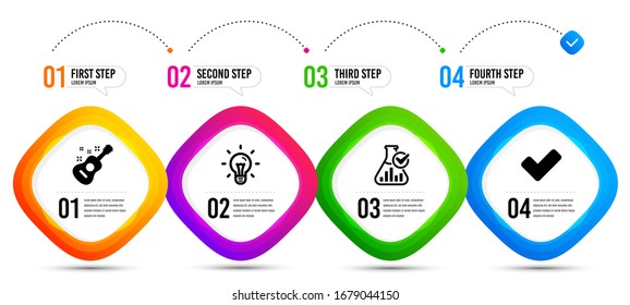 Tick, Guitar And Idea Icons Simple Set. Timeline Infographic. Chemistry Lab Sign. Confirm Check, Acoustic Instrument, Light Bulb. Laboratory Flask. Education Set. Steps Banner With Tick Icon. Vector