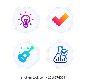 Tick, Guitar And Idea Icons Simple Set. Button With Halftone Dots. Chemistry Lab Sign. Confirm Check, Acoustic Instrument, Light Bulb. Laboratory Flask. Education Set. Gradient Flat Tick Icon. Vector