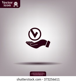 Tick with hand icon, vector illustration. Flat design style