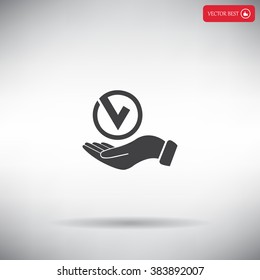 Tick with hand icon, vector illustration. Flat design style